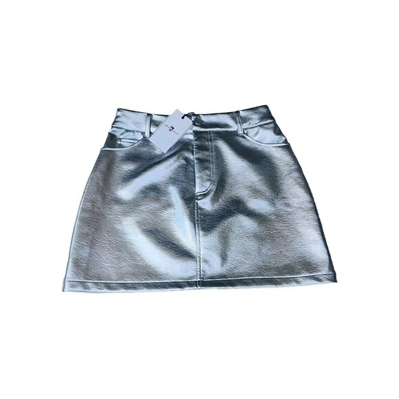 NWT 7 For All Makind Silver Textured Vegan Leather Mini Skirt W/Back Pockets 16" - Picture 1 of 8